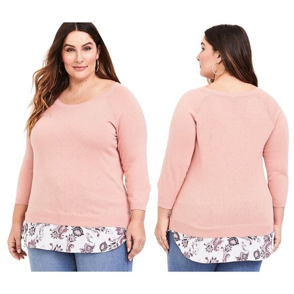 TORRID Peach Pink Raglan 2fer Sweater w/ Paisley Underhem Boatneck Size 4 - Picture 1 of 8